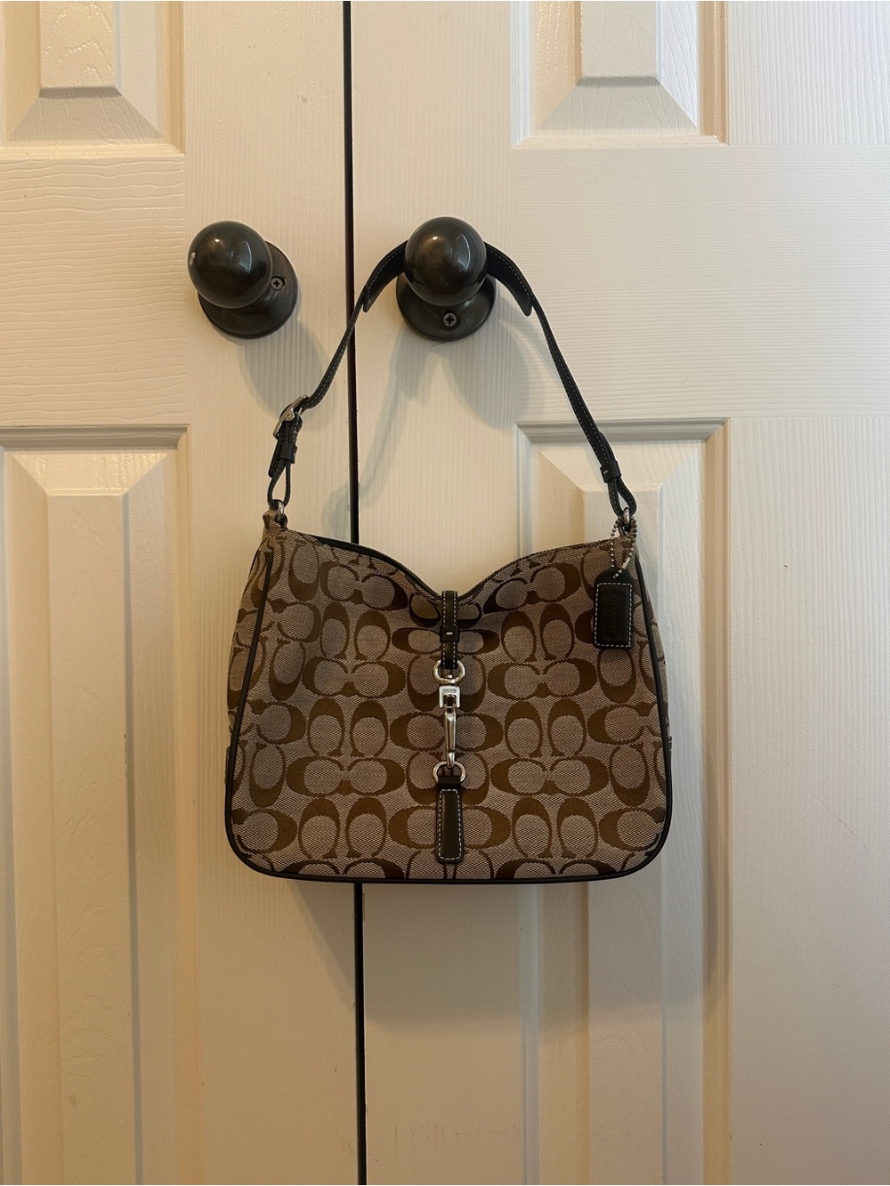 Coach Brown Monogram Shoulder Bag with Black Trim